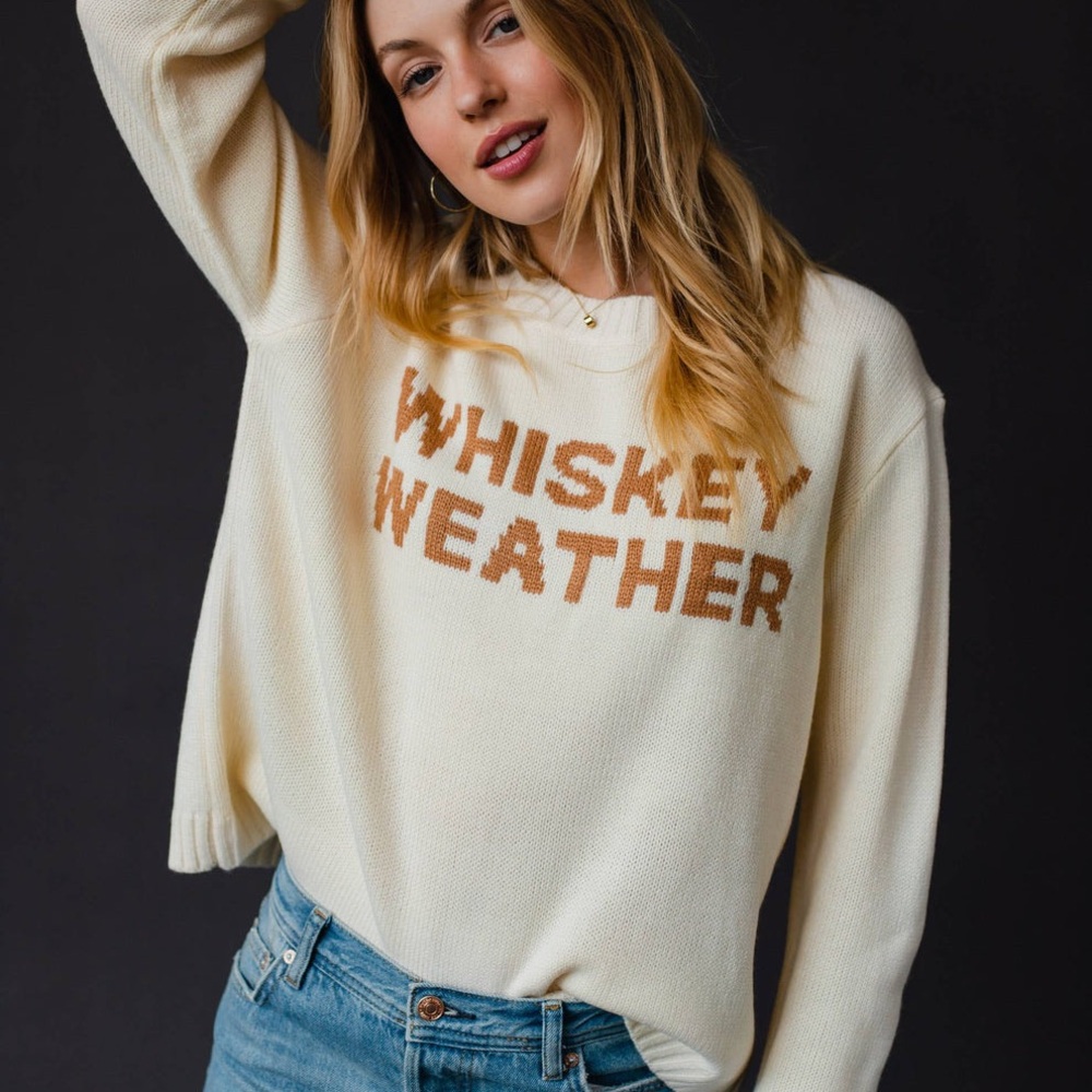 Panache Cream Crewneck Sweater with Whiskey Script